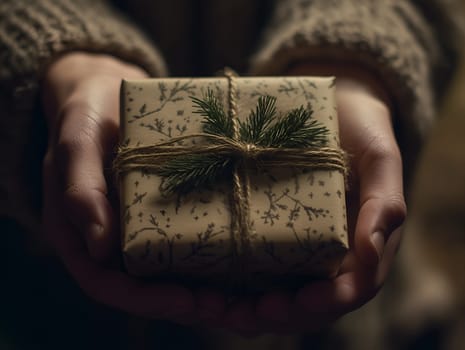 Hands A close-up of hands holding a beautifully wrapped Christmas gift with a golden ribbon and bow. The soft bokeh of Christmas tree lights creates a warm and festive atmosphere.