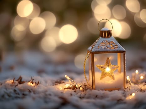 A lantern with a star-shaped light glows softly in the snow, surrounded by sparkling Christmas lights. The warm light contrasts beautifully against the snowy ground, creating a festive atmosphere.