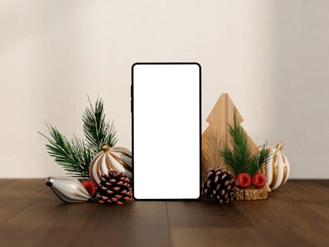 Smartphone mockup surrounded by pinecones, festive season ornaments and wooden Christmas decorations, suitable for holiday-themed designs.