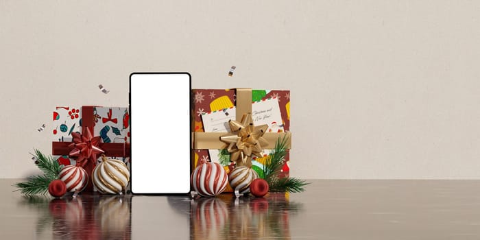 Smartphone mockup placed amid colorful gift boxes and holiday ornaments, ideal for festive product showcases and promotions.