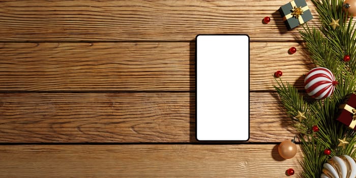Rustic smartphone mockup on a wooden surface with festive Christmas decorations for traditional holiday designs.