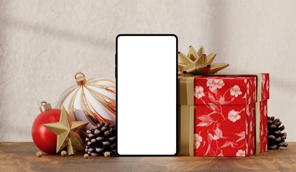 Smartphone mockup amidst decorative holiday gifts and star ornaments, ideal for cheerful Christmas marketing materials.