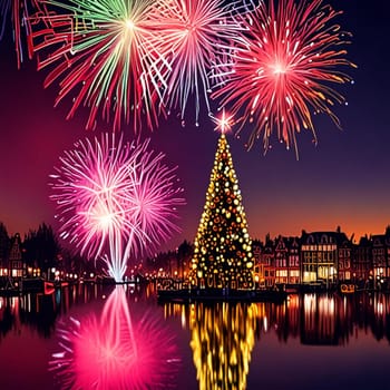 Amsterdam Netherlands city town centre, culture Christmas tree new year fireworks holiday night illustration. High quality illustration