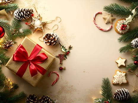 A festive scene featuring a golden gift box with a red ribbon, surrounded by pine cones, candy canes, gingerbread cookies, and Christmas ornaments. Green pine branches frame the image.
