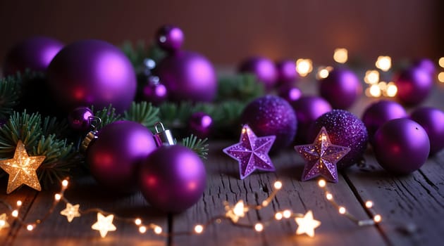 A bunch of purple Christmas ornaments are scattered on a wooden table. The table is lit up with lights, creating a warm and festive atmosphere
