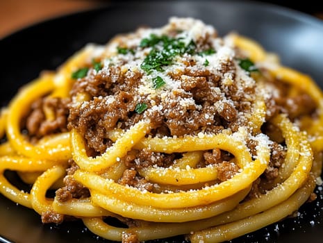 A close-up of a delicious plate of pasta with a rich meat sauce, topped with grated parmesan and fresh parsley. The vibrant colors of the dish create an appetizing and mouth-watering scene.