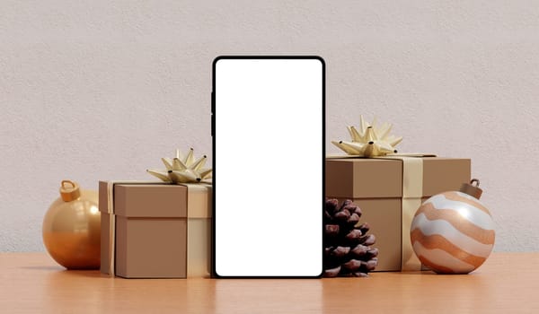 Stylish smartphone mockup with chic golden gift boxes and festive pinecones, enhancing luxury holiday design themes.