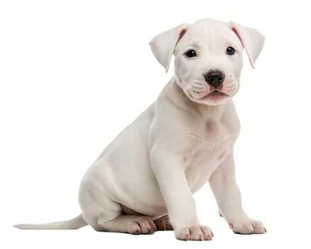 White Dogo Argentino puppy isolated on white background. Dogo Argentino puppy sitting and looking at camera on white background. Ai generated image