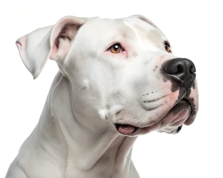 Dogo Argentino portrait looking at camera isolated on white background. Dogo Argentino headshot on white background. Ai generated image