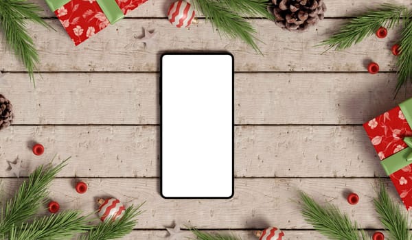 Top-down view of a smartphone surrounded by Christmas gifts and festive decor, perfect for designing holiday-themed graphics.