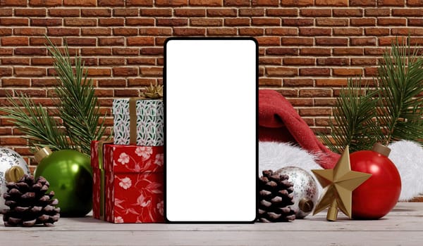 Smartphone mockup with Christmas-themed backdrop featuring gifts, a Santa hat, and ornaments, perfect for holiday inspirations.