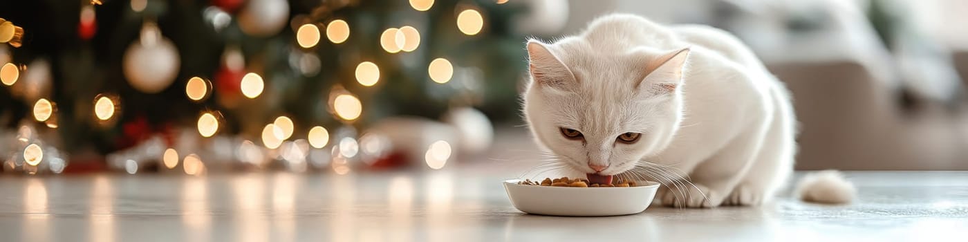 Adorable White Cat Enjoys Festive Meal by Christmas Tree Serene Holidays with Delectable Pet Food