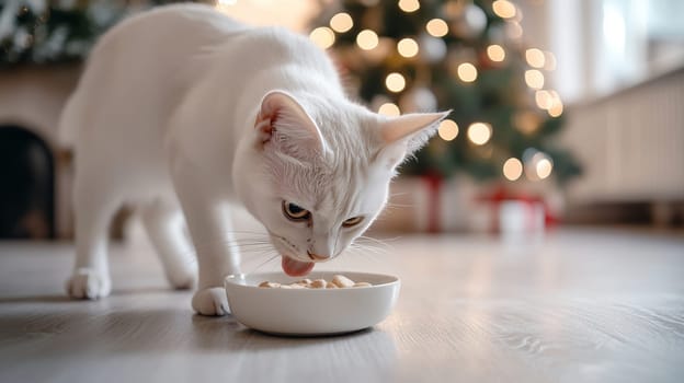White Cat Enjoying Meal near Christmas Tree, Cozy Holiday Atmosphere, Pet Food Advertisement
