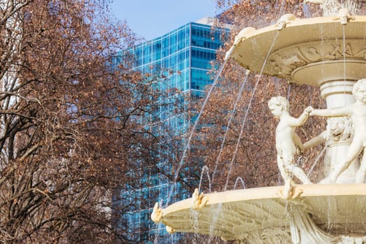 MELBOURNE, AUSTRALIA - AUGUST 1, 2024: Exhibition Fountain detail in Carlton Gardens on a clear sunny winter's day in Melbourne Australia