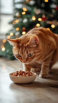Ginger Cat Enjoys Meal near Christmas Tree Pet Food Advertising Concept, Space for Text