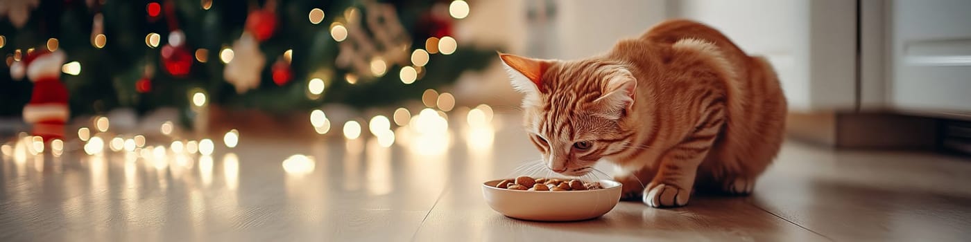 Ginger cat eats dry food from bowl with Christmas tree in background, cozy home atmosphere