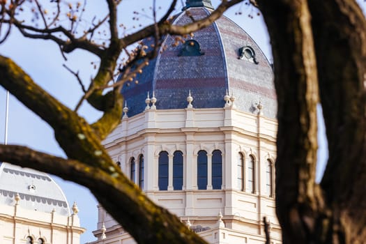 MELBOURNE, AUSTRALIA - AUGUST 1, 2024: Royal Exhibition Building in Carlton Gardens on a clear sunny winter's day in Melbourne Australia