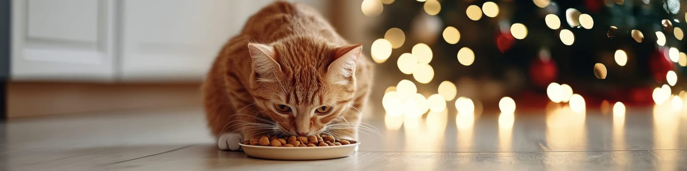 Close-up of Ginger Cat Eating from Bowl with Blurry Christmas Tree Background. Banner.