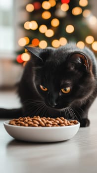 Black Cat Enjoys Food from Bowl, Christmas Tree Lights in Background, Festive Holiday Season
