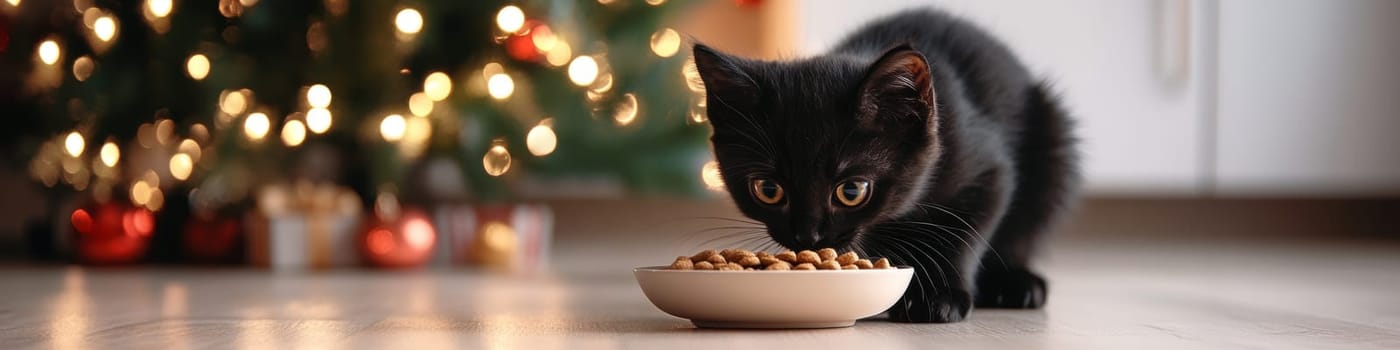 Adorable Black Cat Enjoys Christmas Dinner Festive Home Interior with a Focus on Pet Nutrition