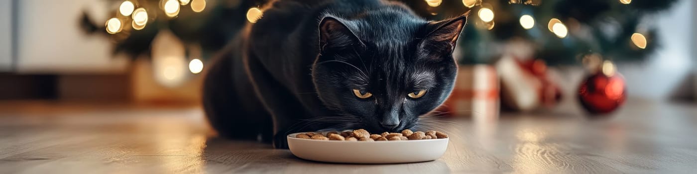 Black Cat Enjoys a Festive Meal near Glowing Christmas Tree A Heartwarming Holiday Pet Scene