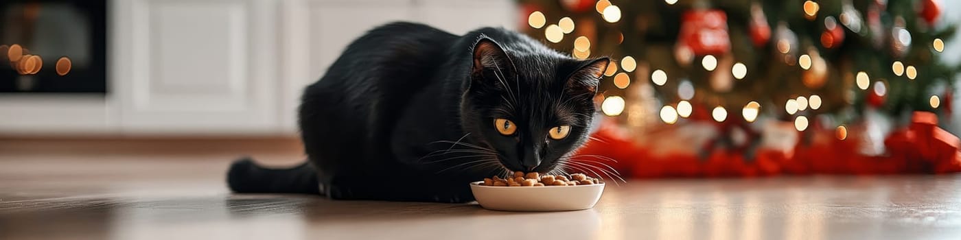 Black Cat Eating From a Bowl on the Kitchen Floor with a Christmas Tree in the Background