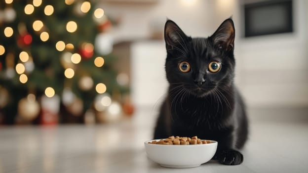 Curious Black Cat Awaits Christmas Dinner, Sitting on the Kitchen Floor with Food Bowl