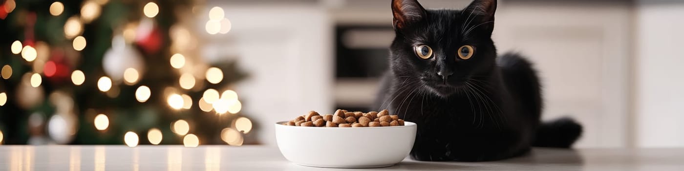 Black Cat At Home In Christmas Time, Looking At Camera. Bowl Full Of Dry Cat Food At White Floor