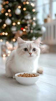 Fluffy White Cat Eating from Bowl, Blurry Christmas Tree Background, Festive Pet Food