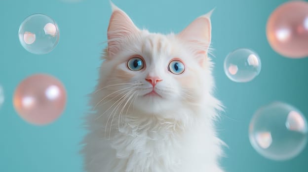 Curious White Cat With Blue Eyes and Floating Bubbles on Turquoise Background, Studio Portrait