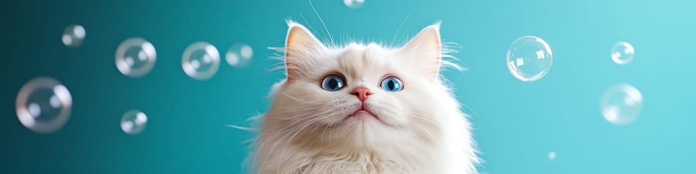 Cute White Fluffy Cat with Blue Eyes and Soap Bubbles on Turquoise Background Playful Pet Portrait.