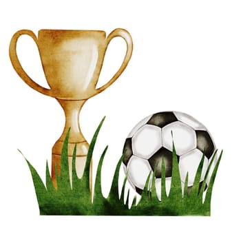 Football Watercolor. Hand drawn composition of a trophy cup, grass and soccer ball, football and sports equipment. Clip art of championship equipment on isolated white background. Ideal for posters, flyers and game posters. High quality illustration