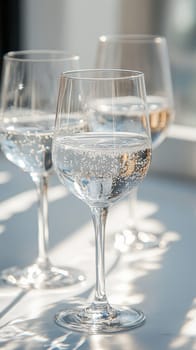 Three Glasses of Refreshing Water on a Table in Bright Sunshine. Summer, Hydration Concept.
