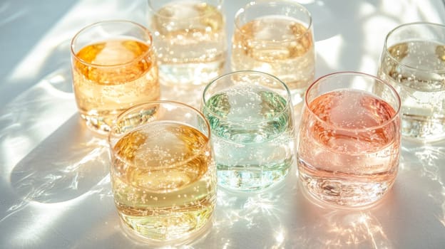 Sparkling Colorful Cocktails or Mocktails in Sunlight, Variety of Refreshing Summer Drinks