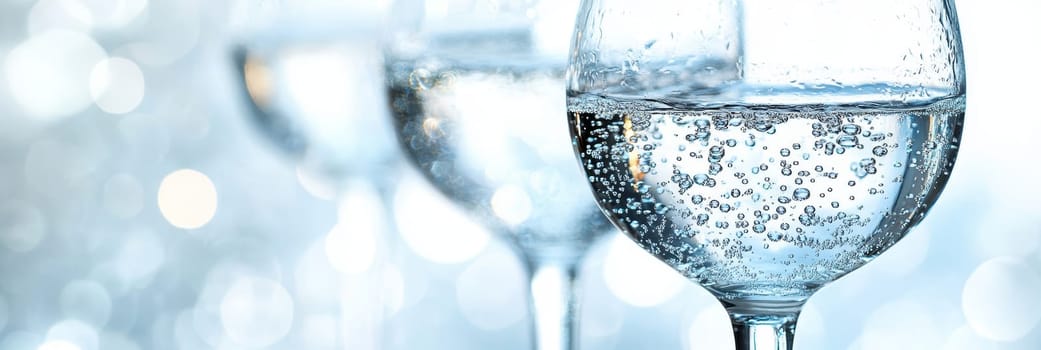 Refreshing Sparkling Water in Glasses Close-Up on Bubbles Against a Light, Airy Background