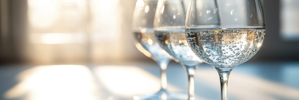 Three Clear Wine Glasses with Sparkling Water in the Sun Light with Copy Space, Stock Photo