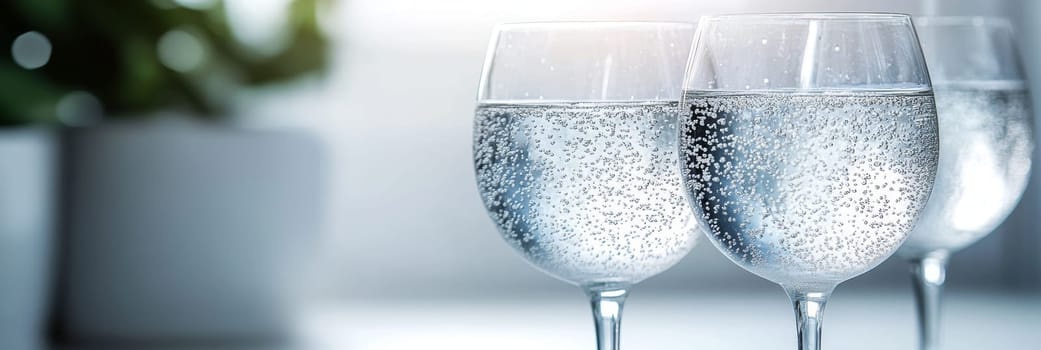 Refreshing Sparkling Water Poured in Three Wine Glasses Close-up on a Blurry Background.