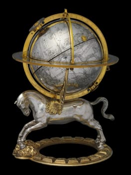 16th Century Celestial Globe with Clockwork by Gerhard Emmoser, featuring a silver globe supported by a horse on a decorative base.