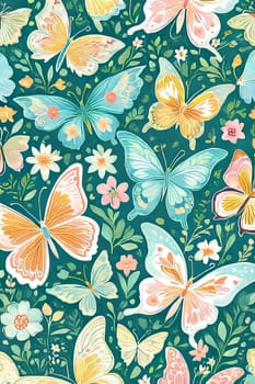 Artistic display of butterflies surrounded by bright blooms, intricate green vines, showcasing harmonious blend of colors, for uplifting artwork, decorations, greeting card, print, digital design