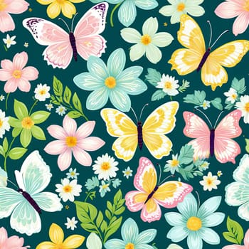 Artistic display of butterflies surrounded by bright blooms, intricate green vines, showcasing harmonious blend of colors, for uplifting artwork, decorations, greeting card, print, digital design