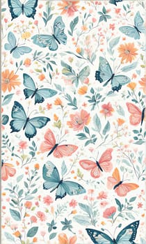 Artistic display of butterflies surrounded by bright blooms, intricate green vines, showcasing harmonious blend of colors, for uplifting artwork, decorations, greeting card, print, digital design