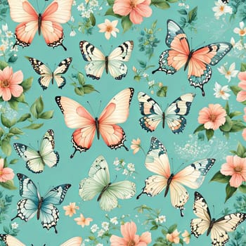 Artistic display of butterflies surrounded by bright blooms, intricate green vines, showcasing harmonious blend of colors, for uplifting artwork, decorations, greeting card, print, digital design
