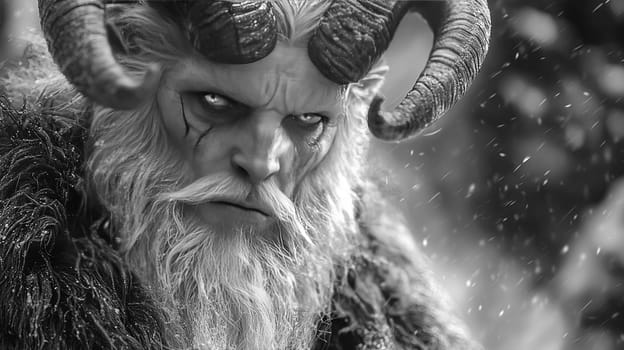 Portrait of the Christmas devil Krampus - Santa's scary helper, covered in black fur and with large goat horns. Generated with AI.