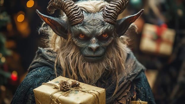 Portrait of the Christmas devil Krampus - Santa's scary helper, covered in black fur and with large goat horns. Generated with AI.