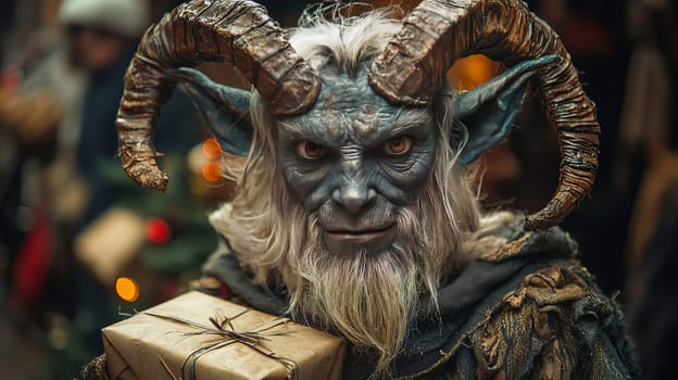 Portrait of the Christmas devil Krampus - Santa's scary helper, covered in black fur and with large goat horns. Generated with AI.