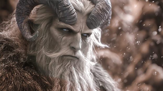 Portrait of the Christmas devil Krampus - Santa's scary helper, covered in black fur and with large goat horns. Generated with AI.