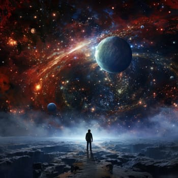 Stunning cosmic landscape featuring vibrant galaxies, swirling colors, and distant planets. Silhouetted figure stands on rocky terrain, gazing into vast universe, inspiring awe and wonder