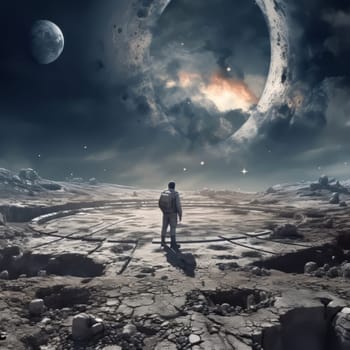 Striking cosmic artwork featuring colorful nebulae and distant planets. Silhouetted figure gazes into the starry expanse, embodying themes of exploration, curiosity, and infinite horizons