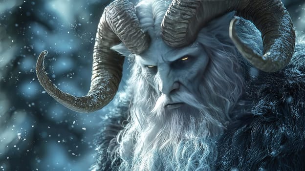 Portrait of the Christmas devil Krampus - Santa's scary helper, covered in black fur and with large goat horns. Generated with AI.