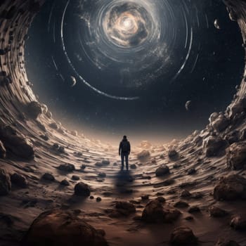 Astounding depiction of the universe with swirling galaxies and glowing planets. Individual stands on rocky surface, immersed in cosmic beauty, inspiring thoughts of adventure and the unknown
